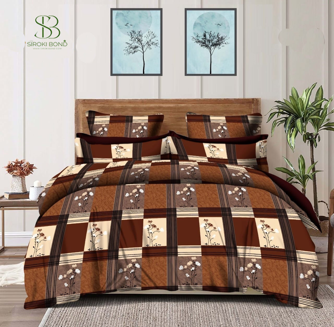 Siroki Bond Brown Printed Cotton Flat Queen Bedsheet