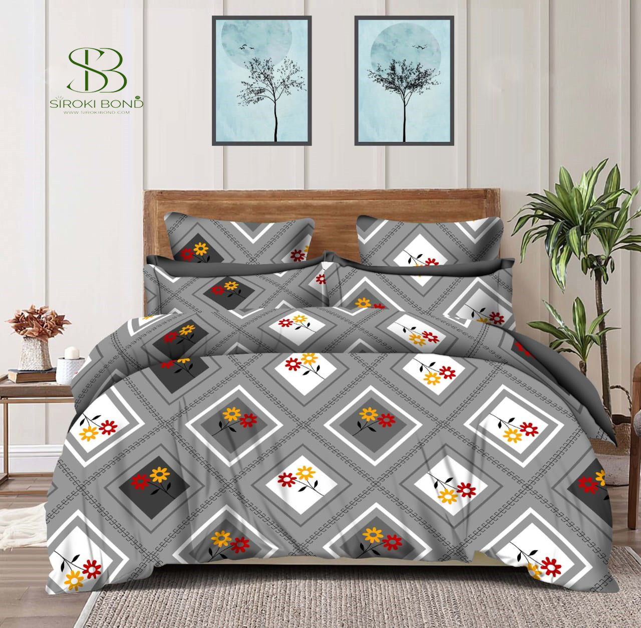 Siroki Bond Grey Printed Cotton Flat Queen Bedsheet