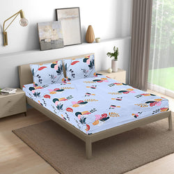 Siroki Bond Fitted White Floral Double Bed Printed Cotton Bedsheet