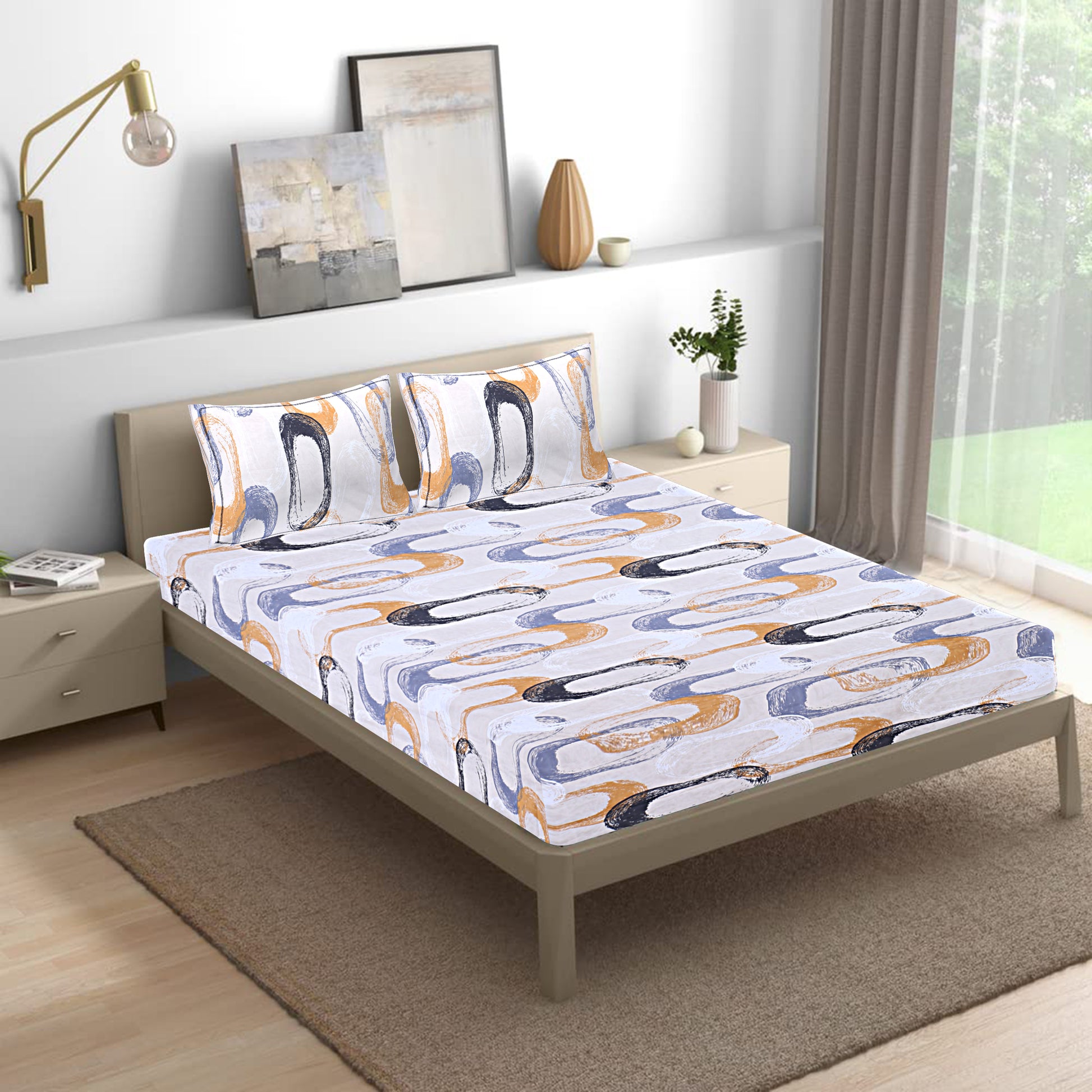 Siroki Bond Off White Floral Printed King Bed Sheet