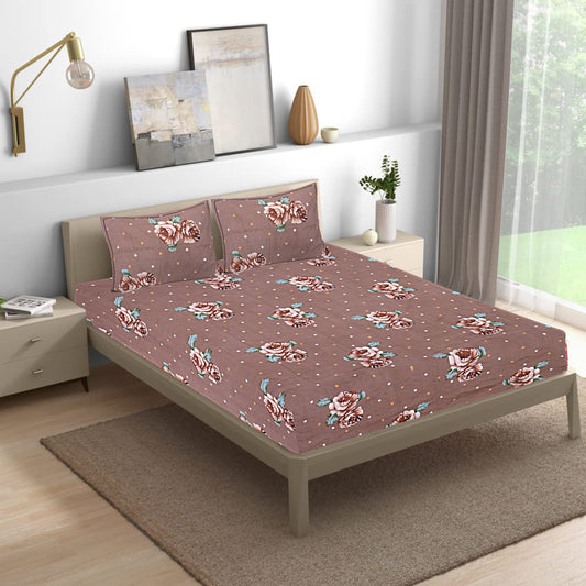 Siroki Bond Light Brown Floral Printed Cotton King Bed Sheet