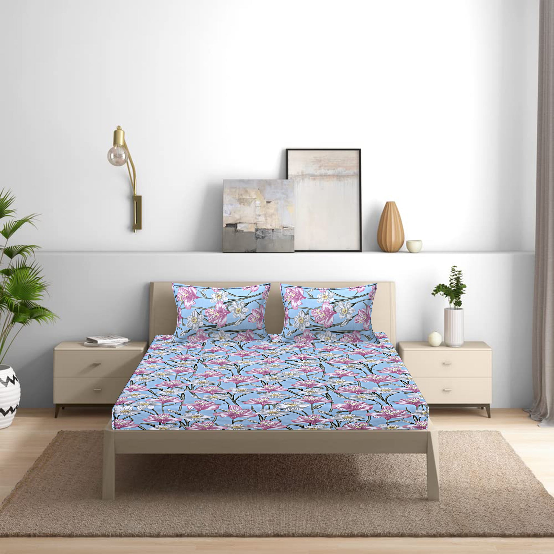 Siroki Bond  Sea Blue Floral Printed Premium Bed Sheet