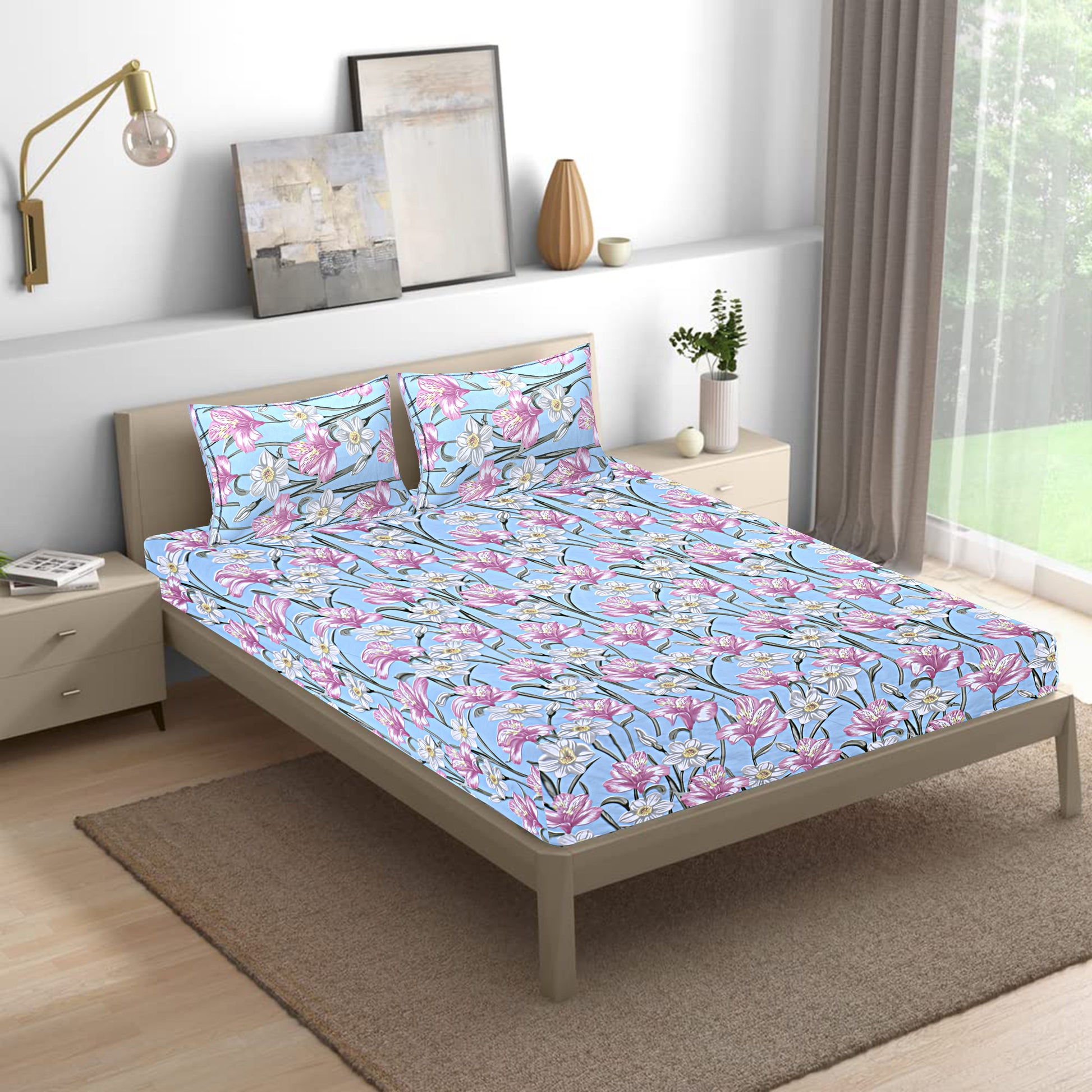 Siroki Bond  Sea Blue Floral Printed Premium Bed Sheet