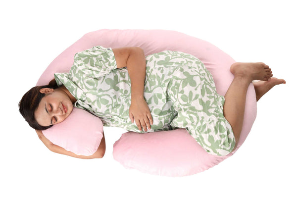 Siroki Bond Baby Pink Velvet C-Shape Pregnancy Pillow with Cover