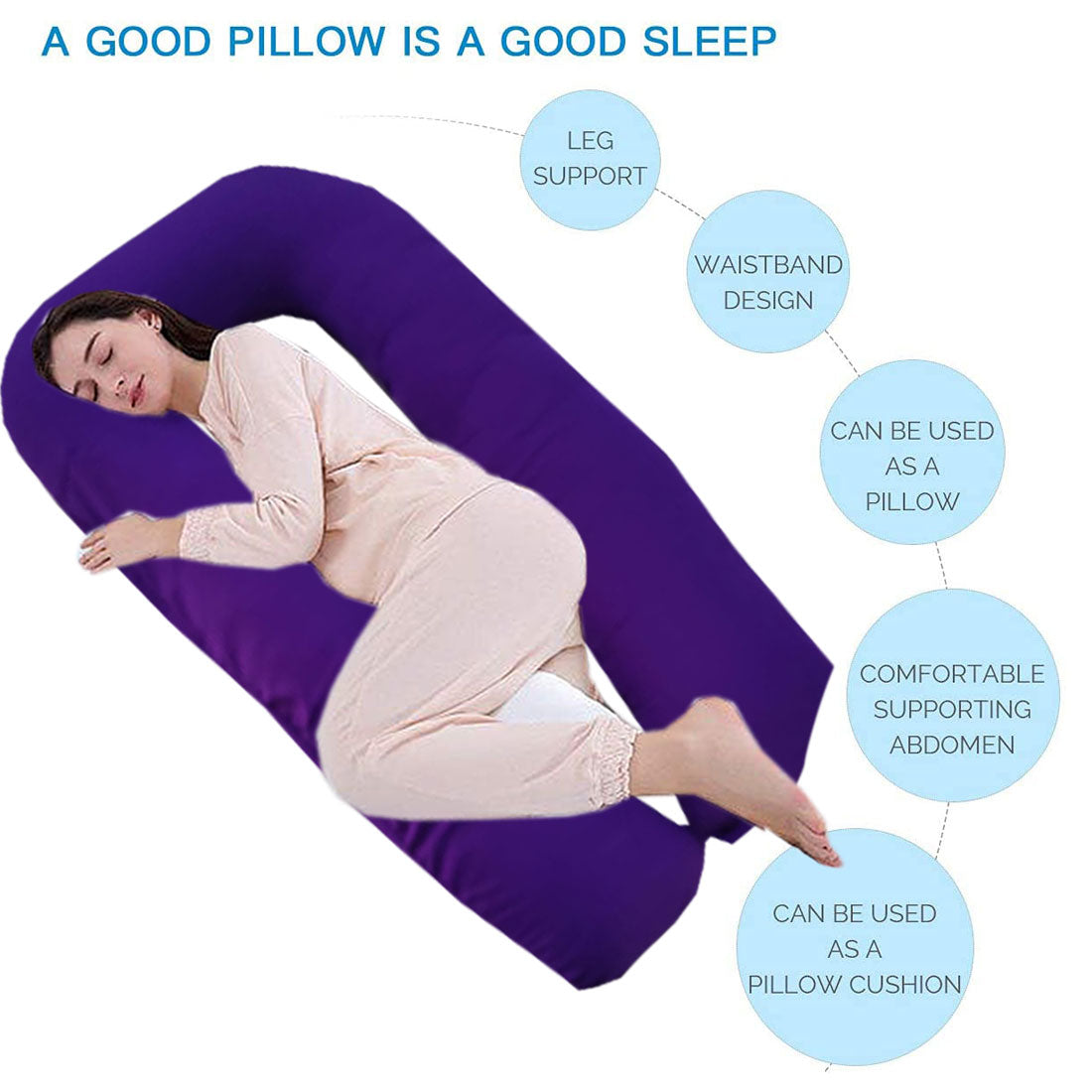 SIROKI BOND Polyester Fiber Purple U- Shape Pregnancy Pillow with Cover